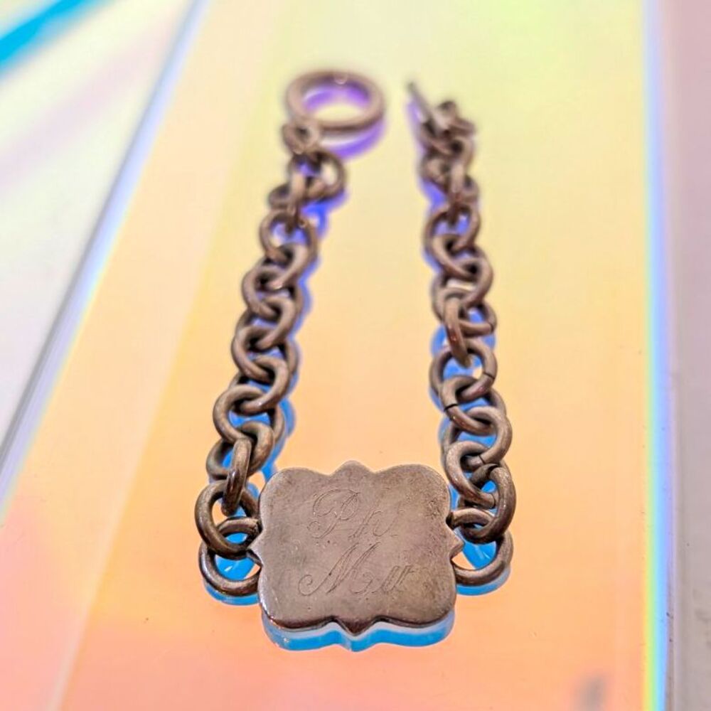 925 Sterling Silver ID Bracelet 27g Chunky Toggle Chain  quadrifoil vintage